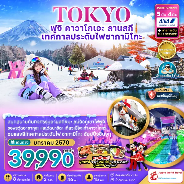 ทัวร์ญี่ปุ่น โตเกียว ฟูจิ คาวาโกเอะ ลานสกี เทศกาลไฟประดับซากามิโกะ (อิสระท่องเที่ยว 1 วัน) 5 วัน 4 คืน