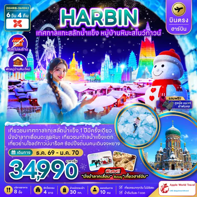ทัวร์จีน บินตรงฮาร์บิน เทศกาลแกะสลักน้ำแข็ง หมู่บ้านหิมะสโนว์ทาวน์ (พักหมู่บ้านหิมะใหม่)